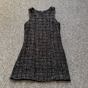 Boutique Korean Sleeveless Wool Black Tweed Pom Fringe Mini Dress XS Petite 0 2